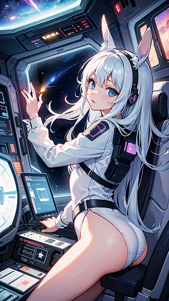 universe飞船在外太空飞行. A girl with long white hair and bunny ears sits in the cockpit of a sci-fi spaceship and looks out the window. She saw the cosmic scenery outside the window. Her eyes are buttons, long white hair, Close-up of face, Long-term perspective, 4K, universe, nebula, galaxy, Starship, Alien Spaceship, window, mechanical, Cyberpunk