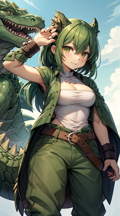 crocodile girl，crocodile girl，crocodile tail，crocodile tail，长着crocodile tail的女孩，dark green hair，dark green hair，trousers，black色牛...