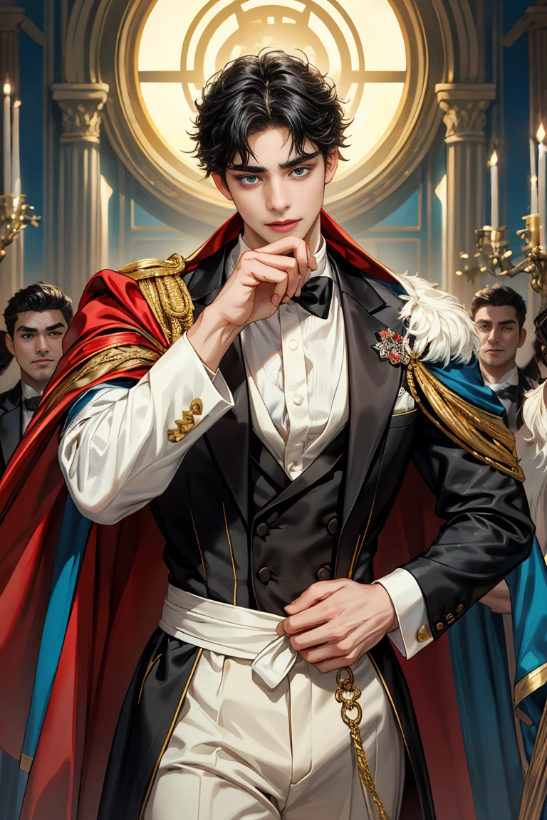 
masterpiece, 最high quality, high quality, 1 boy, alone, Male focus, Watching the audience,  Messy black hair, Adorable big blue eyes, White, Noble, Noble,Sexy voluminous cape、Tuxedo、A very voluminous, large, very large, very large, long, long red and black cape with a high stand-up collar, reaching down to the floor, made of a lot of fabric., ,Cute beautiful boys,Cute, cute, kind, handsome guy