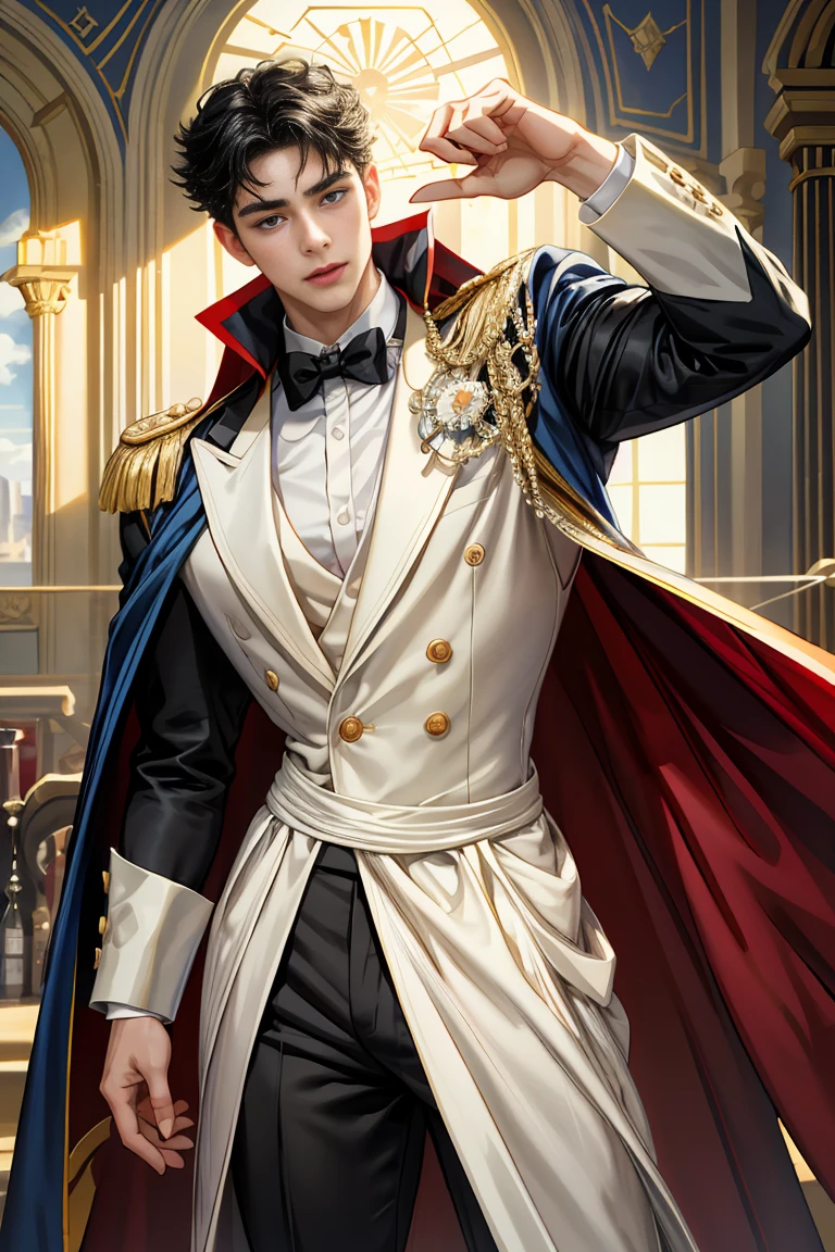 
masterpiece, 最high quality, high quality, 1 boy, alone, Male focus, Watching the audience,  Messy black hair, Adorable big blue eyes, White, Noble, Noble,Sexy voluminous cape、Tuxedo、A very voluminous, large, very large, very large, long, long red and black cape with a high stand-up collar, reaching down to the floor, made of a lot of fabric., 17 years old,Cute beautiful boys,Cute, cute, kind, handsome guy