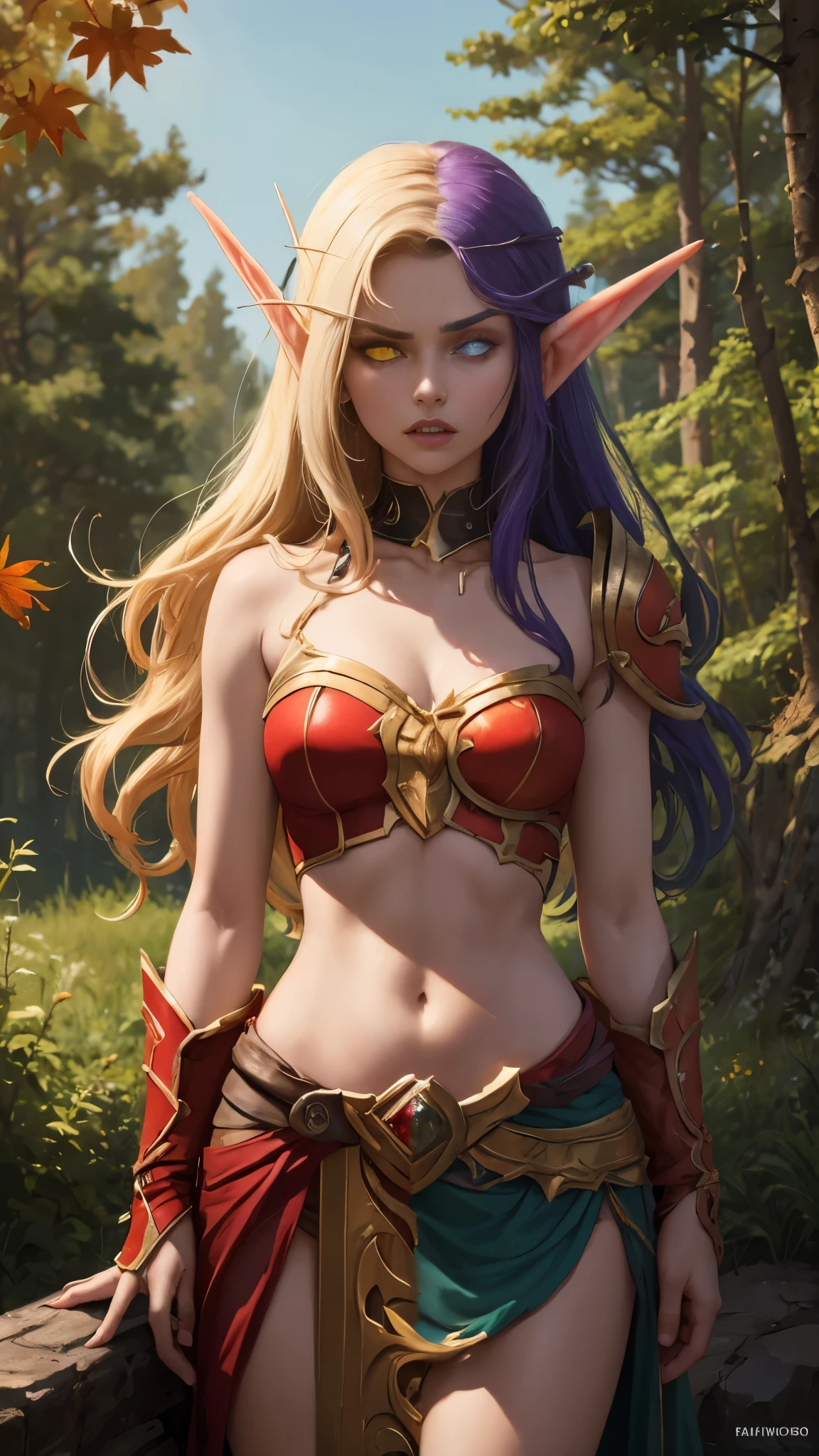 (Masterpiece, highly detailed, highly quality,  highly resolutions), SplitScreen, split screen, BREAK nightelf, angry, clenched teeth, glowing eyes, blue eyes, Purple Hair, colored skin, mature female, purple midriff, navel, purple spike shoulder pad, platinum trim, green leaves, jewelry, looking at viewer, forest, night, bare shoulders, spring season