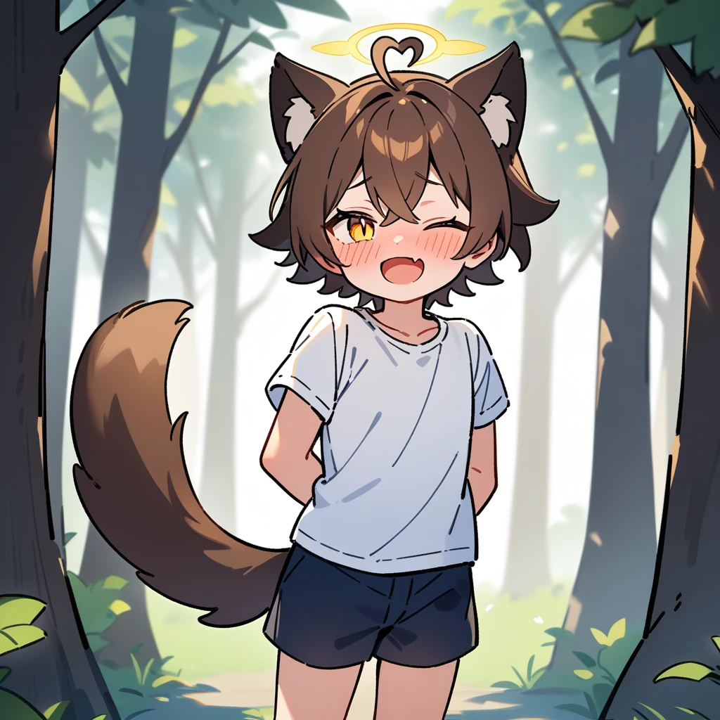 （masterpiece：1.2，high quality），4K，High resolution，A seven-year-old boy，cute boy， brown hair，short hair，crossed bangs，yellow eyes，slit pupils，one eye closed，heart ahoge，yellow halo，cat ears，full-face blush，laughing，skin fang，Wearing a white shirt，dark blue shorts，Stand in the forest，There are flowering trees on both sides.，primary school student，thigh，alone，dog tail，((Hands behind your back))