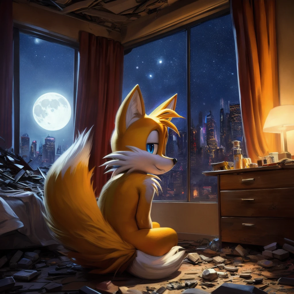 ((solo)), anthro, (female:1.2), fox, (Miles tails prower, tails the fox), blue eyes, detailed background, best quality, twin tails,((kitsune)), (2tails), masterpiece, 4K, blushing, high res eyes, detailed fur, semi-realistic, masterpiece, highres, highly detailed, Post-apoc, postapoc-scenery, ruined_cityscape, cityscape, indoors, night_sky, night, moon, light, indoors, (bedroom, rubble, dark,), by darkgem, by meesh, by bigdad