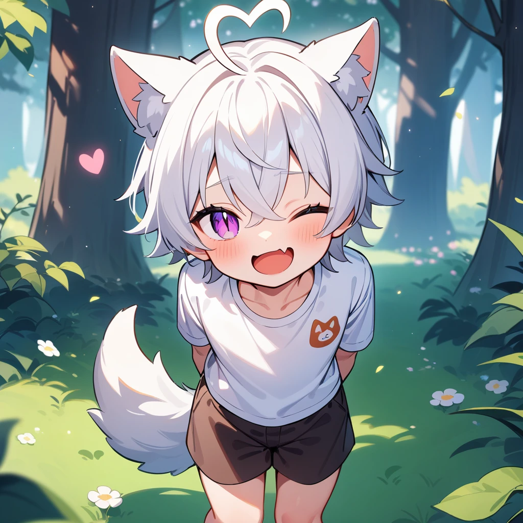 （masterpiece：1.2，high quality），4K，High resolution，A seven-year-old boy，cute boy， white hair，short hair，crossed bangs，purple eyes，slit pupils，one eye closed，heart ahoge，red halo，cat ears，laughing，skin fang，Wearing a white shirt，dark brown shorts，Stand in the forest，There are flowering trees on both sides.，primary school student，thigh，alone，dog tail，((Hands behind your back))