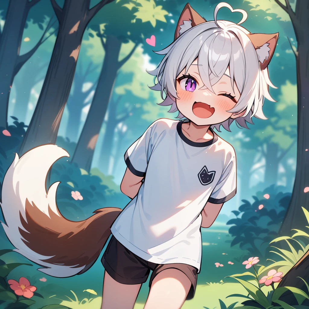 （masterpiece：1.2，high quality），4K，High resolution，A seven-year-old boy，cute boy， white hair，short hair，crossed bangs，purple eyes，slit pupils，one eye closed，heart ahoge，red halo，cat ears，laughing，skin fang，Wearing a white shirt，dark brown shorts，Stand in the forest，There are flowering trees on both sides.，primary school student，thigh，alone，dog tail，((Hands behind your back))