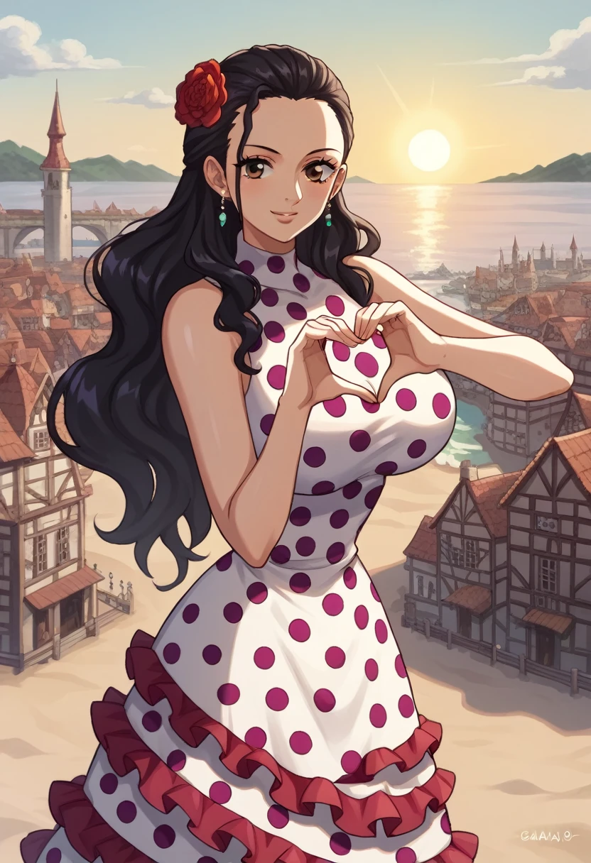 score_9, score_8_up, source_anime  BREAK solo, looking at viewer, cowboy shot,
violaop, brown eyes, black hair, long hair, hair slicked back, earrings, hair flower, polka dot dress, sleeveless dress, frilled dress, jewelry, heart fingers, heart hands, smile, curvy, large breasts, 
city, sand, medieval, sun, sunlight,