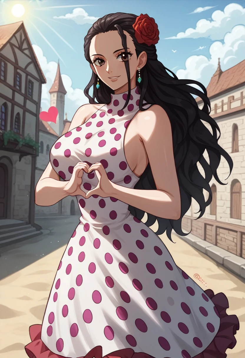 score_9, score_8_up, source_anime  BREAK solo, looking at viewer, cowboy shot,
violaop, brown eyes, black hair, long hair, hair slicked back, earrings, hair flower, polka dot dress, sleeveless dress, frilled dress, jewelry, heart fingers, heart hands, smile, curvy, large breasts, 
city, sand, medieval, sun, sunlight,