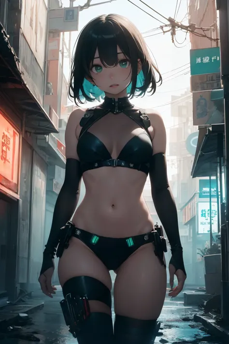 cyberpunk cityscape, young woman with long black hair wearing an emerald green powered exosuit, standing in a contemplative pose...