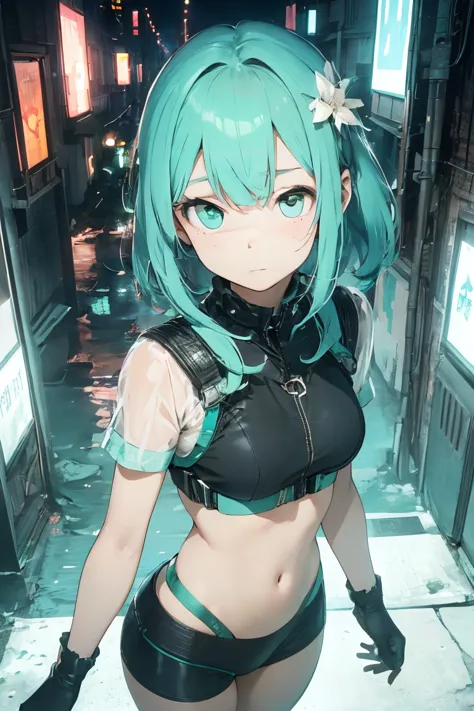 cyberpunk cityscape, young woman with long black hair wearing an emerald green powered exosuit, standing in a contemplative pose...