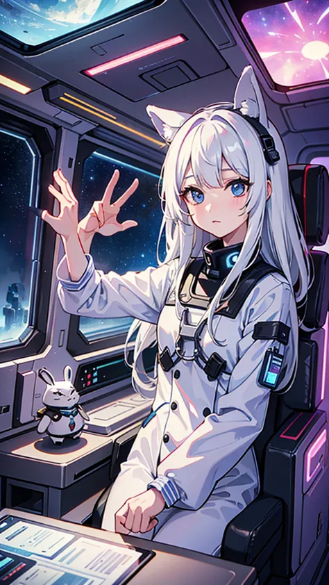 universe飞船在外太空飞行. A girl with long white hair and bunny ears sits in the cockpit of a sci-fi spaceship and looks out the window....