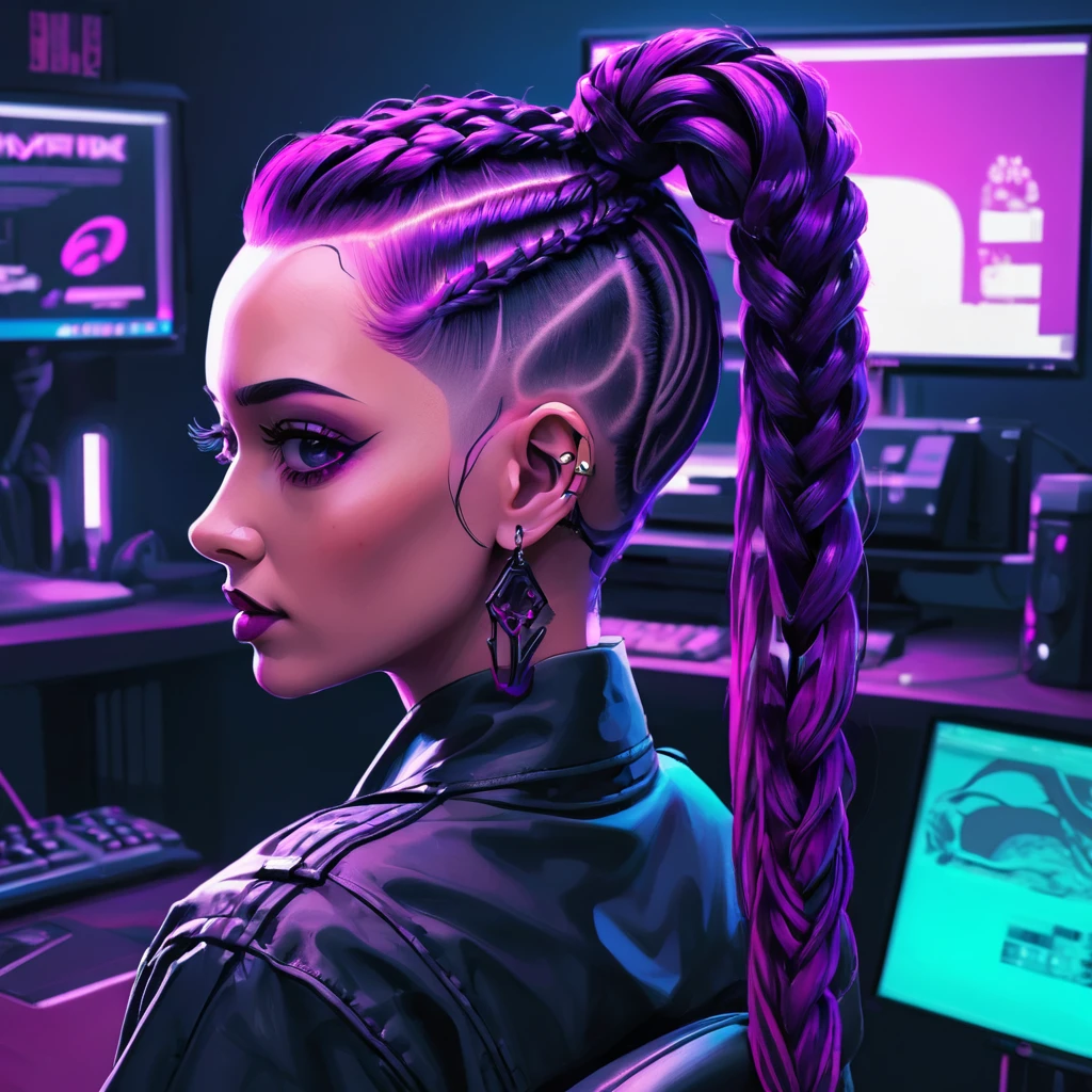 neonpunk style, cyberpunk, vaporwave, neon, vibes, vibrant, stunningly beautiful, crisp, detailed, sleek, ultramodern, magenta highlights, dark purple shadows, high contrast, cinematic, ultra detailed, intricate, professional, corn rows and undercut purple hair pulled back into a ponytail, night at home on the computer with a controller in hand