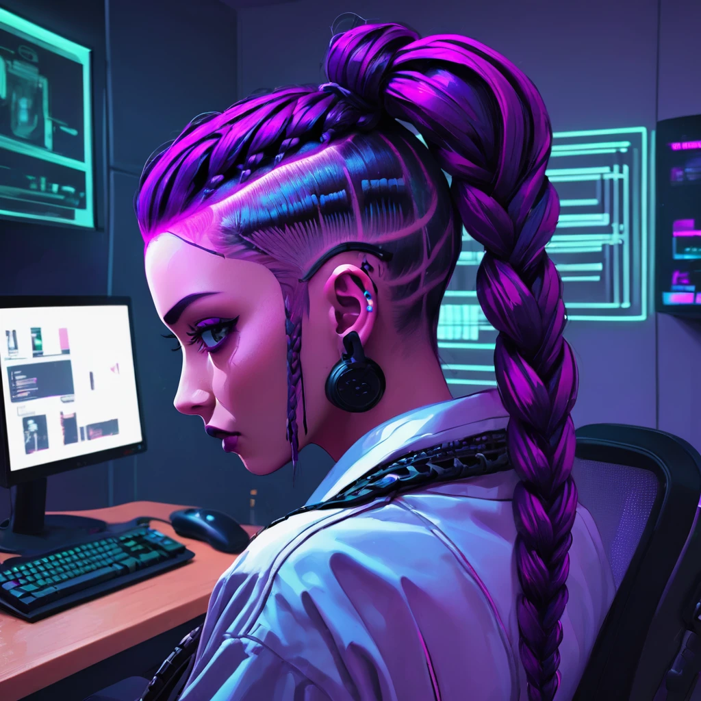 neonpunk style, cyberpunk, vaporwave, neon, vibes, vibrant, stunningly beautiful, crisp, detailed, sleek, ultramodern, magenta highlights, dark purple shadows, high contrast, cinematic, ultra detailed, intricate, professional, corn rows and undercut purple hair pulled back into a ponytail, night at home on the computer with a controller in hand