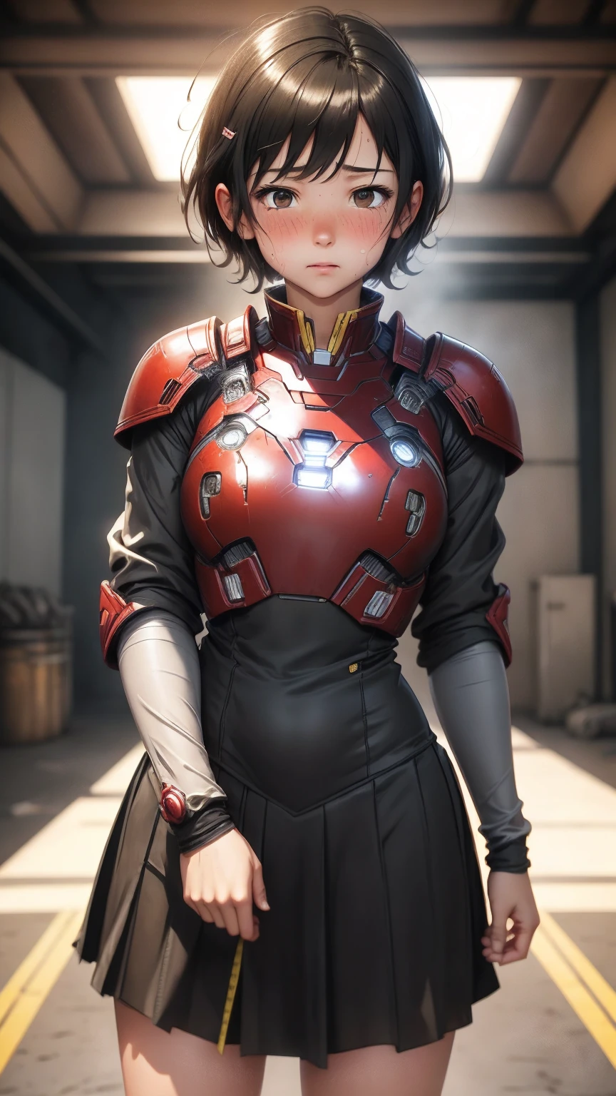 Highest quality　8k Iron Man Suit Girl　Elementary school girl　Sweaty face　cute　short hair　boyish　Steam coming from the head　My hair is wet with sweat　Black Hair