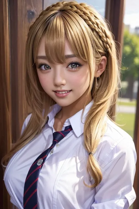 one girl, (((smile)))、uniform、beautiful breasts、 brown eyes, ((gal hairstyles)) blonde, girl, (eye and facial details:1.0), brea...