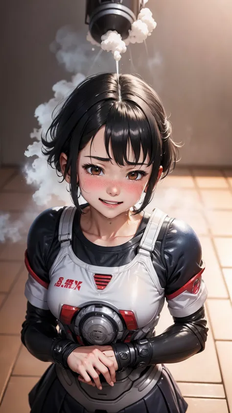 highest quality　8k gundam suit girl　elementary school girl　sweaty face　cute smile　short hair　boyish　((steam coming from the head...