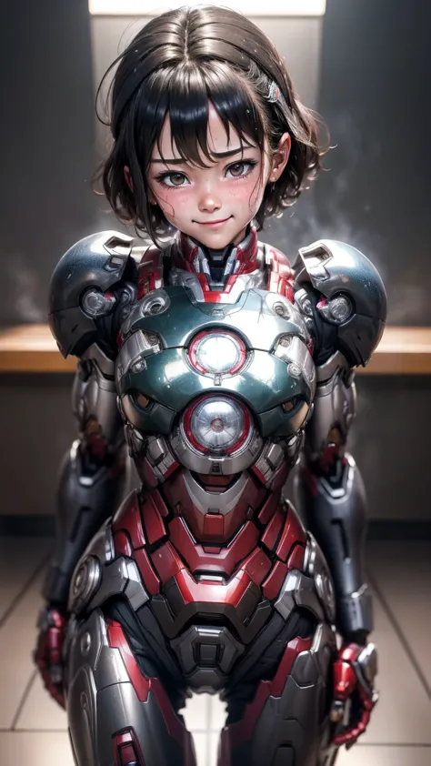 Highest quality　8k Iron Man Suit Girl　Elementary school girl　Sweaty face　Cute Smile　short hair　boyish　Steam coming from the head...