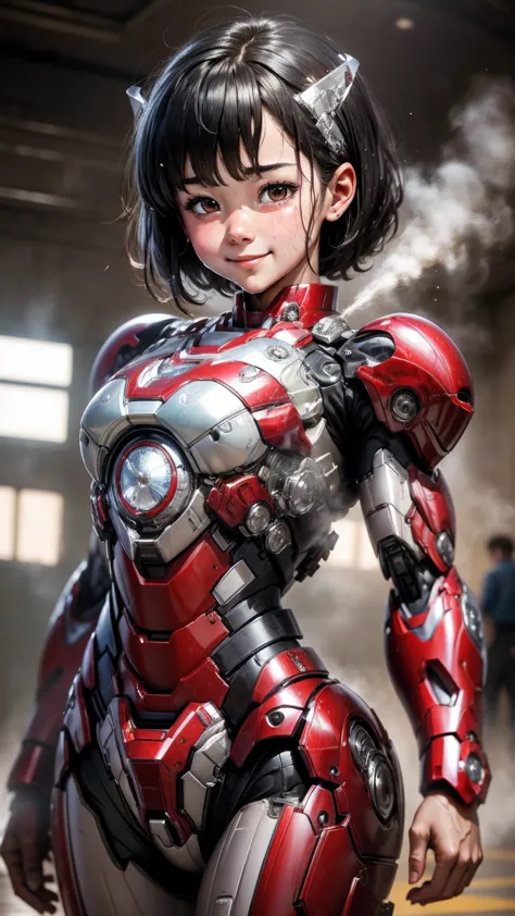 highest quality　8k iron man suit girl　elementary school girl　sweaty face　cute smile　short hair　boyish　steam coming from the head...