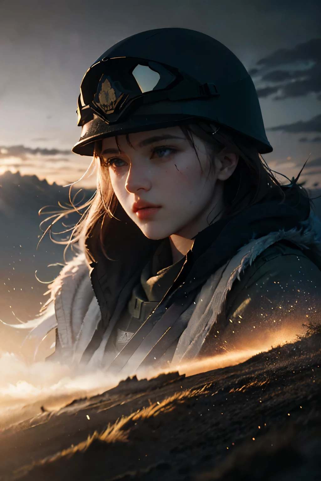 Battlefields of Ukraine、storm、Female soldier in combat uniform fighting tank、Wearing an army helmet, Surrealism, cinematic lighting, UHD, anatomically correct, award winning, best quality, highres, 8k