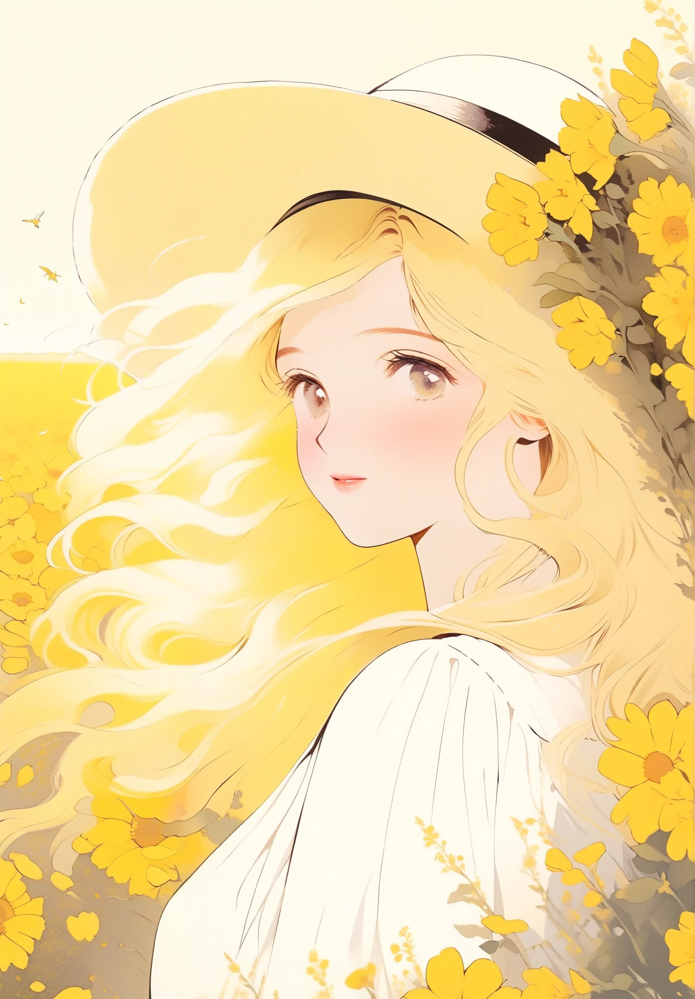 Young woman, blonde, hat, White dress, yellow flowers background, field of yellow flowers.
 