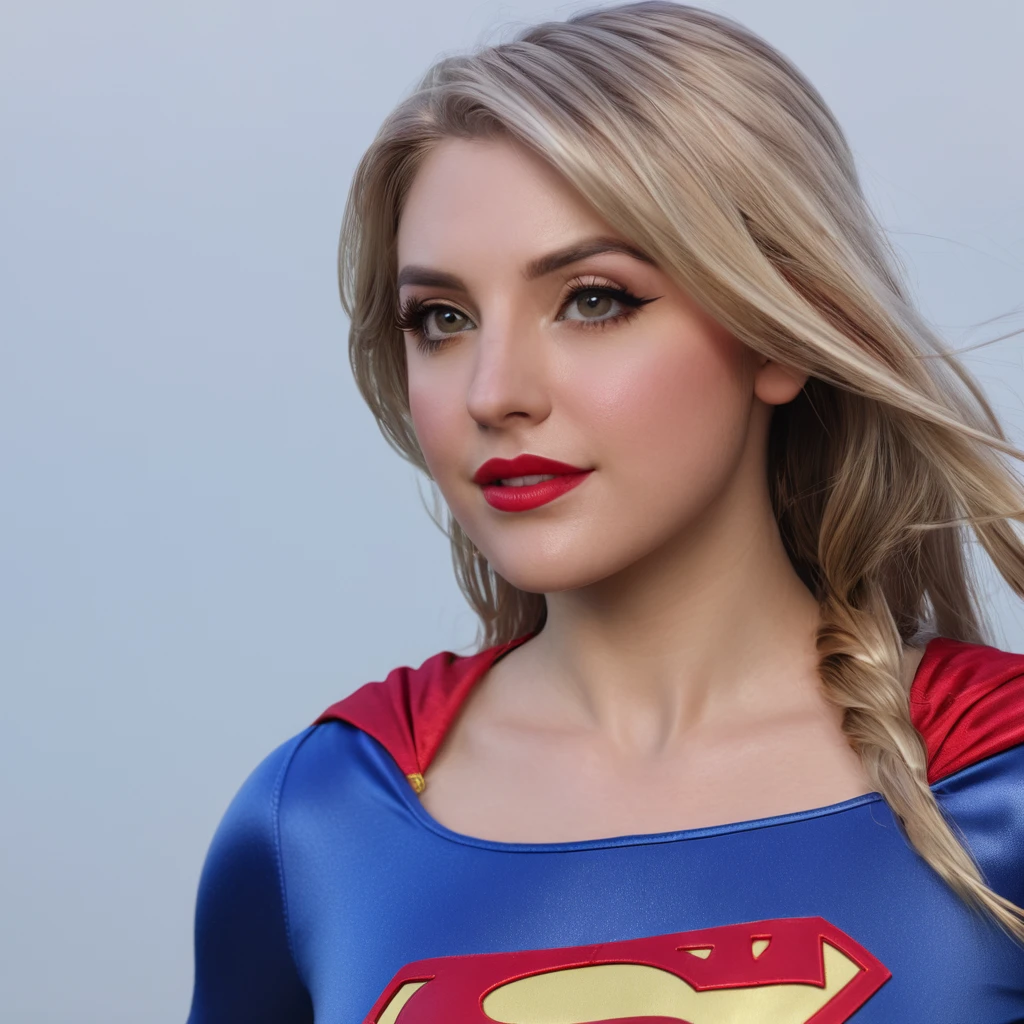 A beautiful sexy woman wearing a Supergirl cosplay outfit, detailed realistic 4k highres masterpiece:1.2, UHD