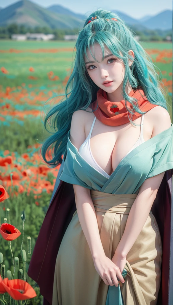 photorealistic, (4k), depth of field, (Masterpiece), (realistic skin texture), extremely detailed, intricate, hyper detailed, high resolution, professional photography, bokeh, sharp detail, best quality, woman,  green kimono, long hair, aqua hair, ponytail, red eyes, red scarf, large breasts, waving , open field,  (field of poppies:1.5), mountains in background, ((very Big breasts 1.9)), very Big breasts, bursting breast, ultra huge breast, large breast 