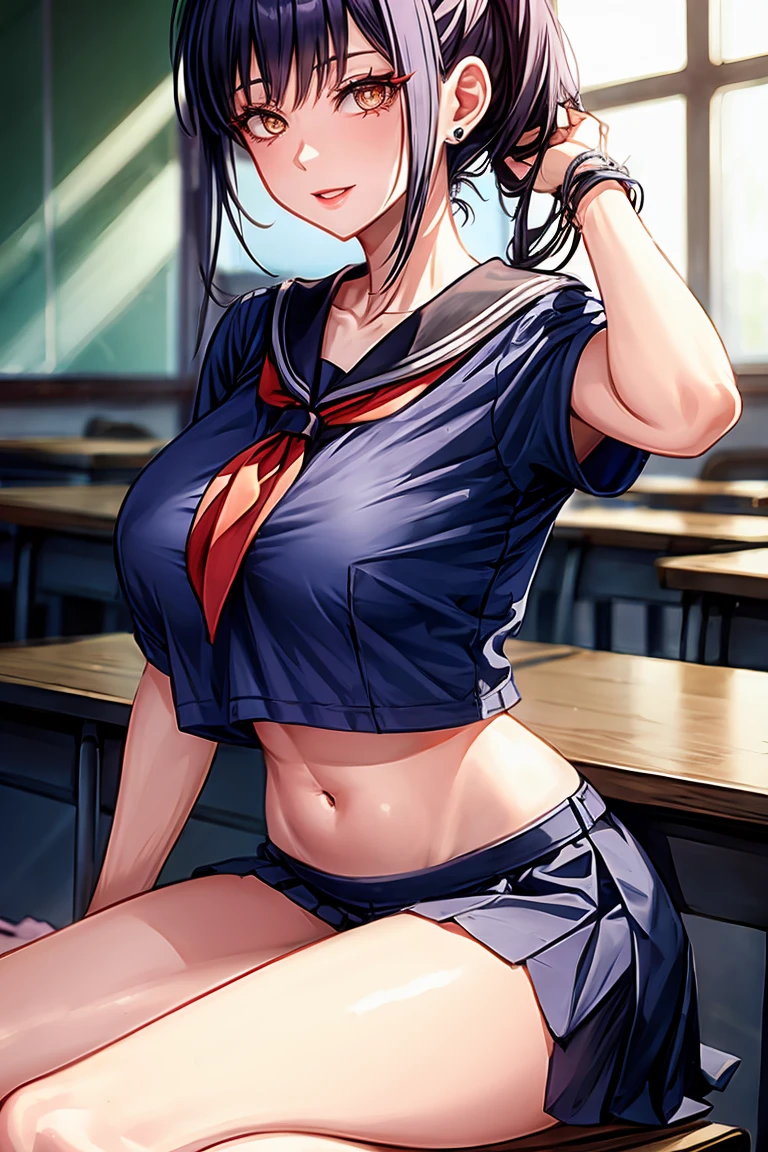 Makima (Chainsaw Man), woman, sexy woman, mature female, mommy, sharp eyes, detailed lips, big breast, short sleeves sailor uniform, sexy sit, classroom, evil smiling, seductive lips, adjusting hair, short skirt, hunter eyes, looking back, midriff peek, earrings , high pony tail 