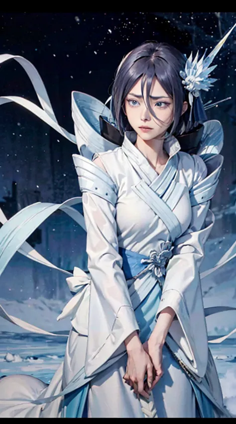 digital art of kuchiki rukia, bankai form(hakka perching turtle), from the anime bleach, are standing, whole body, gray hair, br...