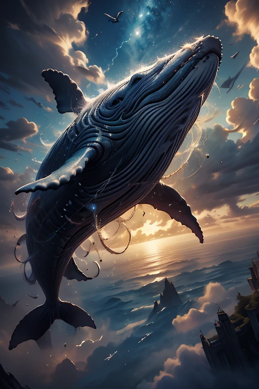 fantasy,live-action,Photorealistic,
masterpiece,Highest quality,8k,High resolution,Raw photo,Professional photography techniques,
Cinematic lighting,cold lighting,Thin contours,
Fantastic,pop,horrific,
Please draw a mysterious whale swimming in the sky. When a whale blows its saliva in the sky, it brings rain. It is a mythical creature worshipped as a god and loved by the locals. It is with us, awe-inspiring, symbolic, and mysterious. Looking up, this gigantic whale, covering the sky, seems to be on a sightseeing flight. Its pectoral fins、Dorsal fin、The sounds of family members using their tails to control their posture echo through the air.