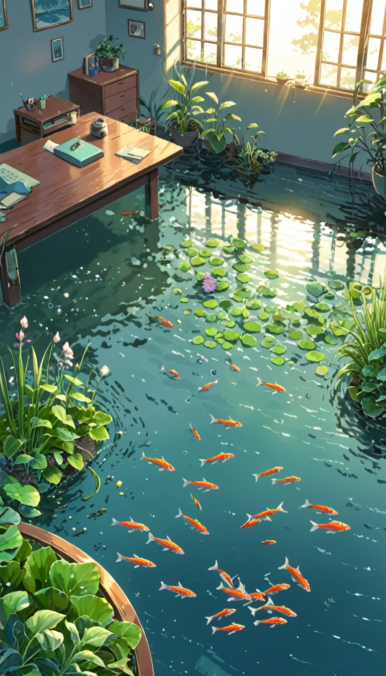 ((anime:1.4,illustration)),(masterpiece, top quality, best quality),(ultra-detailed, absolutely resolution),((16k, high res)). BREAK {lofi art, style of Laurie Greasley, style of Makoto Shinkai, anime aesthetic}, BREAK {A house submerged in water, fish swimming in the house, water plants growing in the water, sunlight reaching the bottom of the water.}