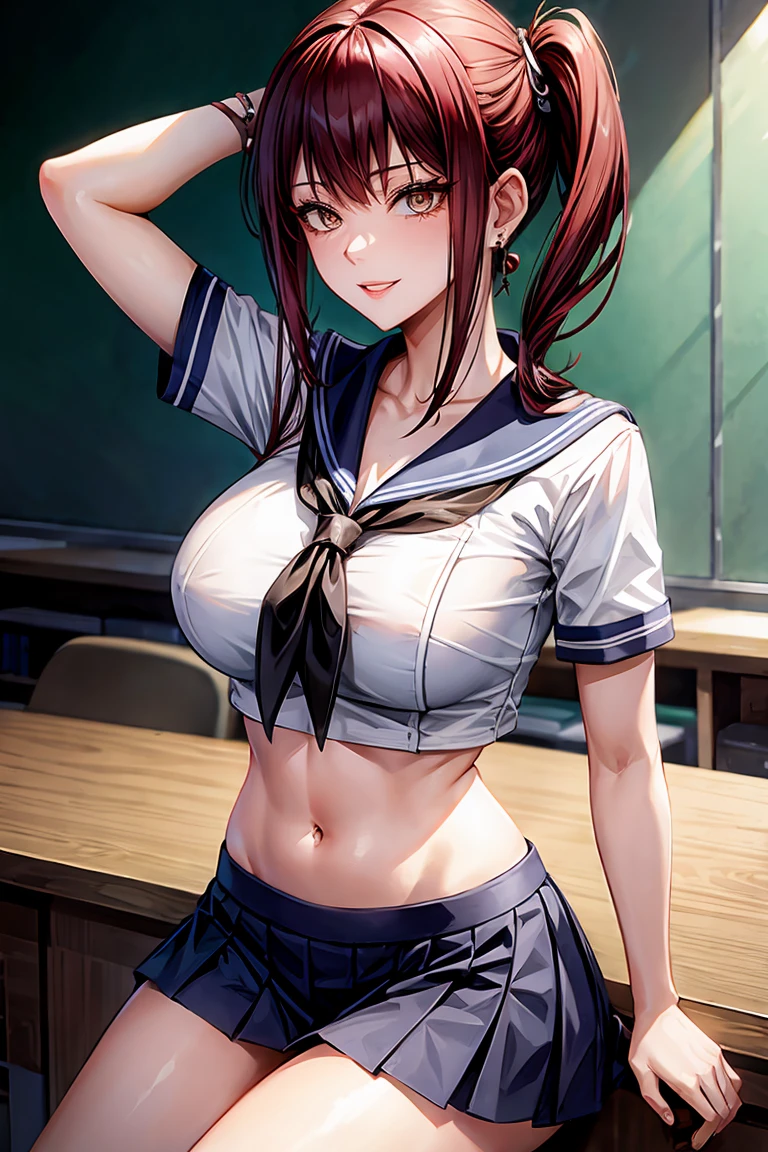 Makima (Chainsaw Man), woman, sexy woman, mature female, mommy, sharp eyes, detailed lips, big breast, short sleeves sailor uniform, sexy sit, classroom, evil smiling, seductive lips, adjusting hair, short skirt, hunter eyes, looking back, midriff peek, earrings , high pony tail 