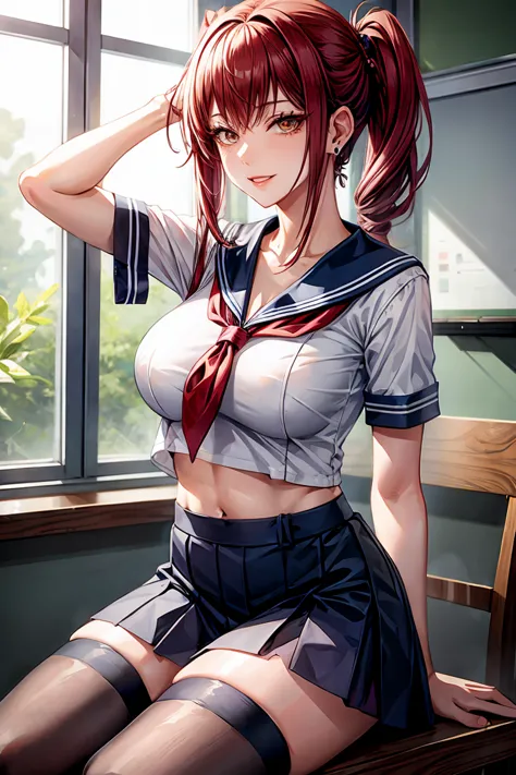 makima (chainsaw man), woman, sexy woman, mature female, mommy, sharp eyes, detailed lips, big breast, short sleeves sailor unif...