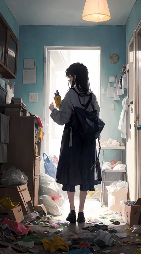 This illustration is、Cute  standing in a room full of garbage、It depicts a moment of rage over a situation。She、Holding the clean...