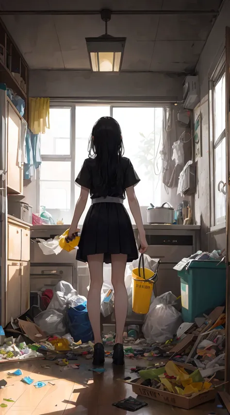 This illustration is、Cute  standing in a room full of garbage、It depicts a moment of rage over a situation。She、Holding the clean...