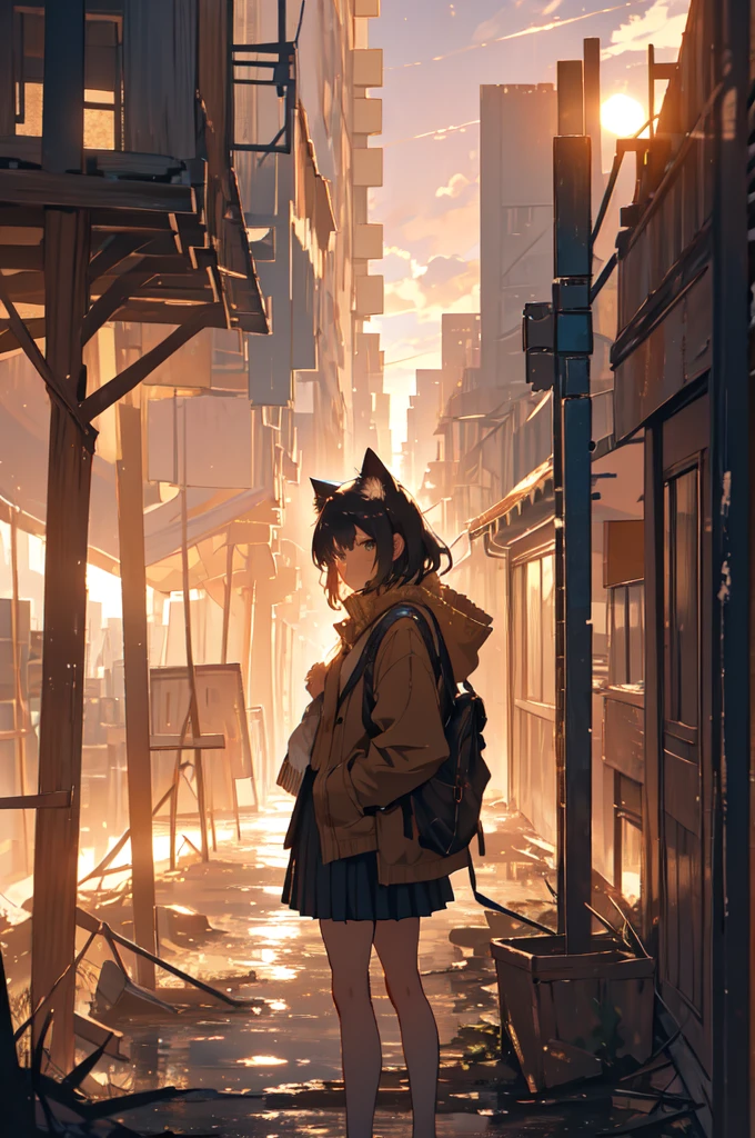 1girl, An anime-style character, female, standing on a ledge overlooking a city in a state of disrepair. The character has cat ears and is dressed in a , featuring a brown jacket and a pleated skirt. She carries a satchel over her shoulder.

The city below appears to be abandoned, with broken and overgrown structures. The warm, golden light of the setting sun casts long shadows and bathes the scene in a soft glow, creating a beautiful yet poignant contrast with the surrounding decay. The sky is partly cloudy with a few scattered leaves or debris caught in the breeze, adding to the sense of desolation and quiet.

The overall composition evokes a sense of solitude and contemplation, as the character gazes at the distant horizon, suggesting themes of resilience, hope, or a journey.