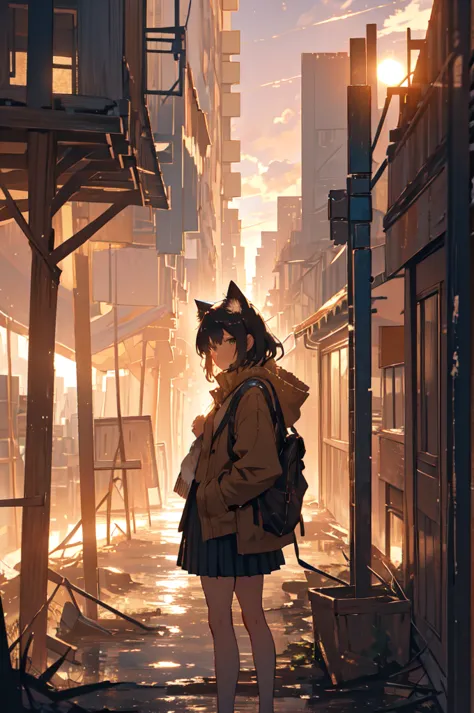 1girl, an anime-style character, female, standing on a ledge overlooking a city in a state of disrepair. the character has cat e...