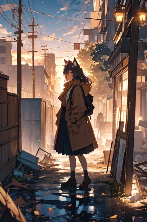 1girl, an anime-style character, female, standing on a ledge overlooking a city in a state of disrepair. the character has cat e...