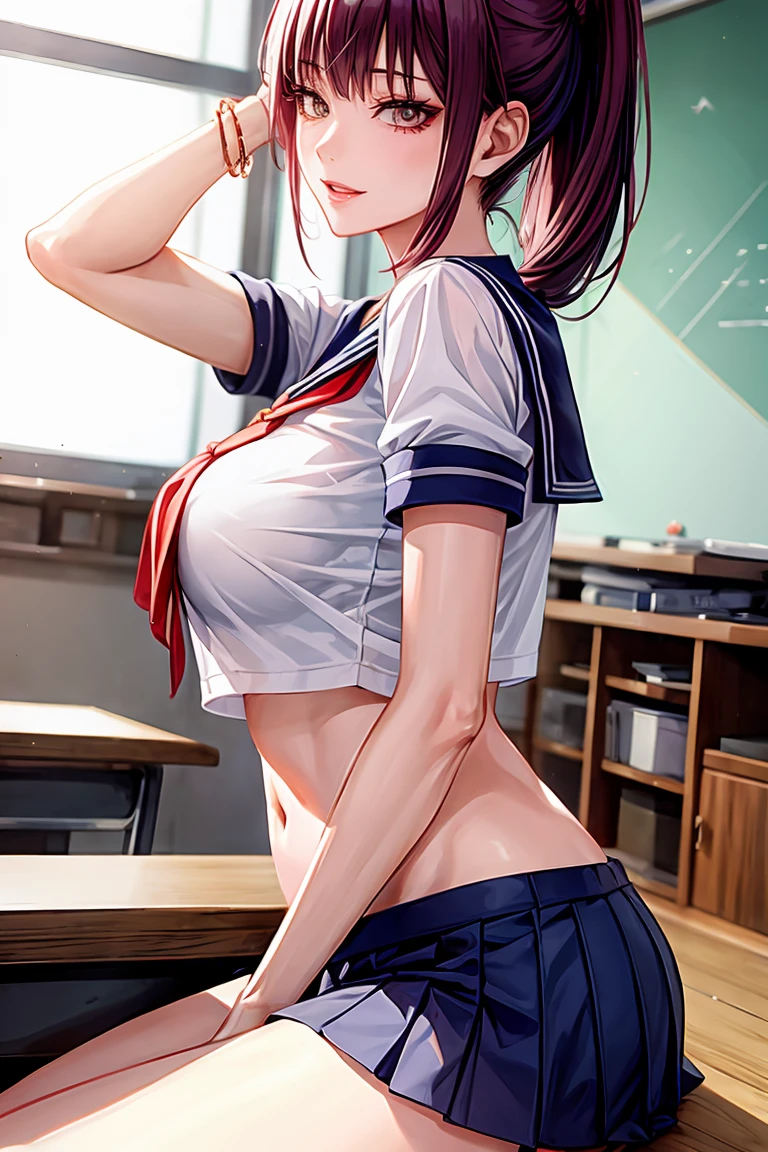 Makima (Chainsaw Man), woman, sexy woman, mature female, mommy, sharp eyes, detailed lips, big breast, short sleeves sailor uniform, sexy sit, classroom, evil smiling, seductive lips, adjusting hair, short skirt, hunter eyes, looking back, midriff peek, earrings , high pony tail 