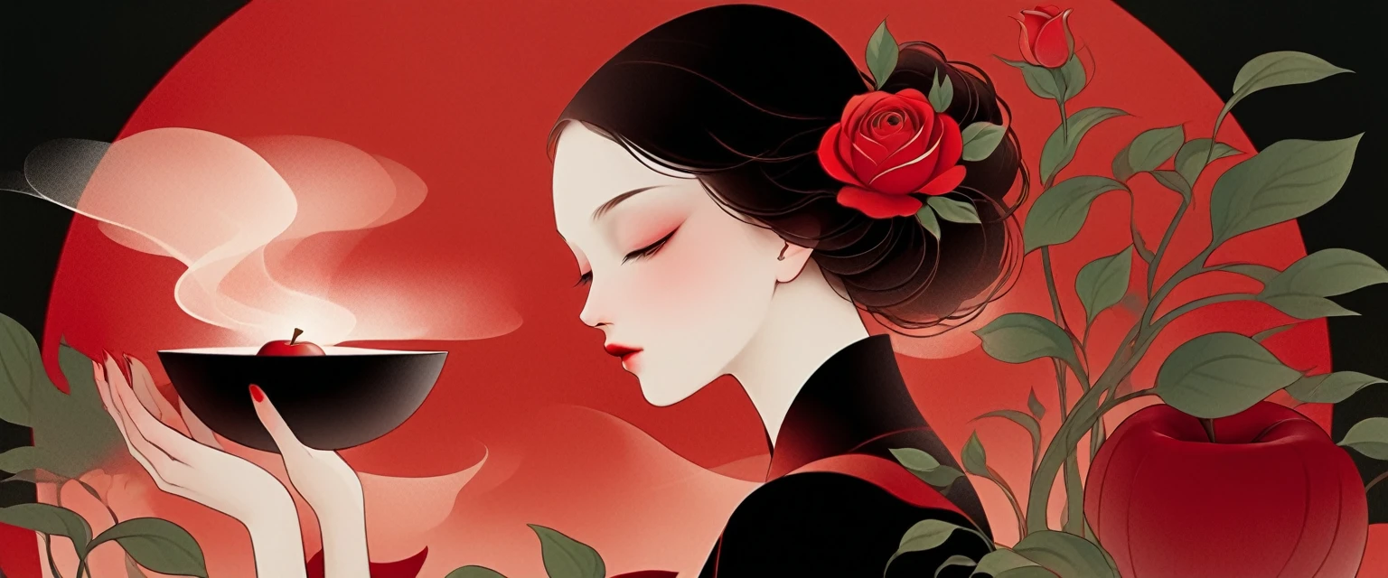 (masterpiece, best quality:1.2), 1 girl, solitary,Pretty Face，Red Fatism Art Nouveau，Illustration style，Black and red，Rose，Red Apple