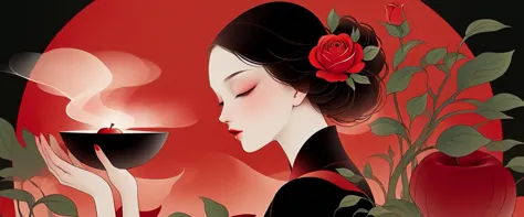 (masterpiece, best quality:1.2), 1 girl, solitary,Pretty Face，Red Fatism Art Nouveau，Illustration style，Black and red，Rose，Red A...