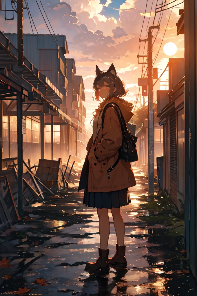 1. **Character**:
   - The character is standing with her back to the viewer, facing the sunset.
   - She has cat ears, which may suggest she is either a fantasy character or wearing some kind of accessory.
   - Her outfit consists of a light brown jacket with dark trim, likely a , and a pleated gray skirt.
   - She has a shoulder bag or satchel slung over her right shoulder.

2. **Environment**:
   - The setting is an urban area, appearing to be in a state of decay or abandonment.
   - Buildings are visible in the background, many of which have visible signs of wear, damage, and overgrowth.
   - The foreground has broken or uneven terrain, possibly remnants of collapsed structures or streets.

3. **Lighting and Atmosphere**:
   - The scene is bathed in warm, golden light from the setting sun.
   - The sun is low on the horizon, casting long shadows and creating a dramatic, melancholic atmosphere.
   - The sky is partly cloudy with scattered clouds lit up by the sunset, enhancing the warm tones.

4. **Details**:
   - There are some leaves or small debris being carried by the wind, adding a sense of movement and life to the otherwise still scene.
   - Vegetation is visible, with some plants growing through the cracks in the broken urban landscape.
   - The overall atmosphere is a mix of serene and somber, with the character standing still, perhaps contemplating the scene before her.

5. **Overall Composition**:
   - The composition directs the viewer's eye towards the horizon where the sun is setting.
   - The character's placement in the foreground adds a personal element to the vast, desolate urban landscape.
   - The contrast between the warm light of the sunset and the cool, muted colors of the ruined city creates a striking visual impact.

The image evokes a strong emotional response, blending themes of decay and hope, solitude and contemplation, suggesting a story or journey behind the character and the scene.