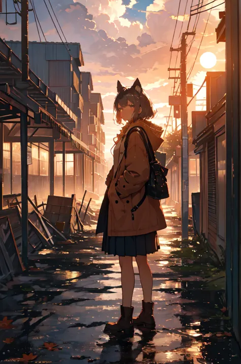 1. **character**:
   - the character is standing with her back to the viewer, facing the sunset.
   - she has cat ears, which ma...