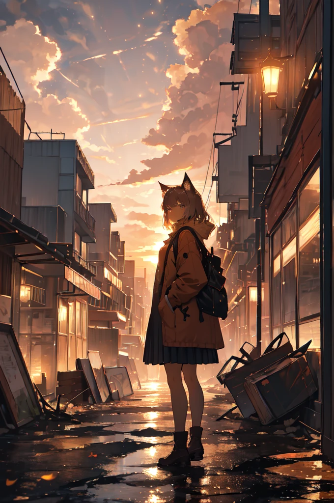 1. **Character**:
   - The character is standing with her back to the viewer, facing the sunset.
   - She has cat ears, which may suggest she is either a fantasy character or wearing some kind of accessory.
   - Her outfit consists of a light brown jacket with dark trim, likely a , and a pleated gray skirt.
   - She has a shoulder bag or satchel slung over her right shoulder.

2. **Environment**:
   - The setting is an urban area, appearing to be in a state of decay or abandonment.
   - Buildings are visible in the background, many of which have visible signs of wear, damage, and overgrowth.
   - The foreground has broken or uneven terrain, possibly remnants of collapsed structures or streets.

3. **Lighting and Atmosphere**:
   - The scene is bathed in warm, golden light from the setting sun.
   - The sun is low on the horizon, casting long shadows and creating a dramatic, melancholic atmosphere.
   - The sky is partly cloudy with scattered clouds lit up by the sunset, enhancing the warm tones.

4. **Details**:
   - There are some leaves or small debris being carried by the wind, adding a sense of movement and life to the otherwise still scene.
   - Vegetation is visible, with some plants growing through the cracks in the broken urban landscape.
   - The overall atmosphere is a mix of serene and somber, with the character standing still, perhaps contemplating the scene before her.

5. **Overall Composition**:
   - The composition directs the viewer's eye towards the horizon where the sun is setting.
   - The character's placement in the foreground adds a personal element to the vast, desolate urban landscape.
   - The contrast between the warm light of the sunset and the cool, muted colors of the ruined city creates a striking visual impact.

The image evokes a strong emotional response, blending themes of decay and hope, solitude and contemplation, suggesting a story or journey behind the character and the scene.