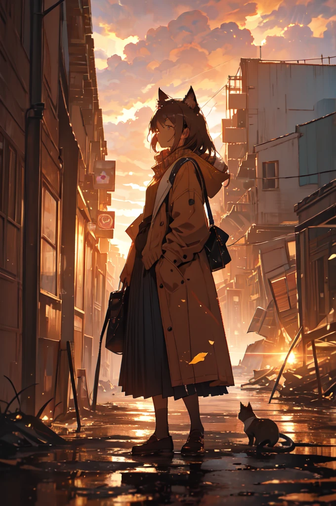 1. **Character**:
   - The character is standing with her back to the viewer, facing the sunset.
   - She has cat ears, which may suggest she is either a fantasy character or wearing some kind of accessory.
   - Her outfit consists of a light brown jacket with dark trim, likely a , and a pleated gray skirt.
   - She has a shoulder bag or satchel slung over her right shoulder.

2. **Environment**:
   - The setting is an urban area, appearing to be in a state of decay or abandonment.
   - Buildings are visible in the background, many of which have visible signs of wear, damage, and overgrowth.
   - The foreground has broken or uneven terrain, possibly remnants of collapsed structures or streets.

3. **Lighting and Atmosphere**:
   - The scene is bathed in warm, golden light from the setting sun.
   - The sun is low on the horizon, casting long shadows and creating a dramatic, melancholic atmosphere.
   - The sky is partly cloudy with scattered clouds lit up by the sunset, enhancing the warm tones.

4. **Details**:
   - There are some leaves or small debris being carried by the wind, adding a sense of movement and life to the otherwise still scene.
   - Vegetation is visible, with some plants growing through the cracks in the broken urban landscape.
   - The overall atmosphere is a mix of serene and somber, with the character standing still, perhaps contemplating the scene before her.

5. **Overall Composition**:
   - The composition directs the viewer's eye towards the horizon where the sun is setting.
   - The character's placement in the foreground adds a personal element to the vast, desolate urban landscape.
   - The contrast between the warm light of the sunset and the cool, muted colors of the ruined city creates a striking visual impact.

The image evokes a strong emotional response, blending themes of decay and hope, solitude and contemplation, suggesting a story or journey behind the character and the scene.