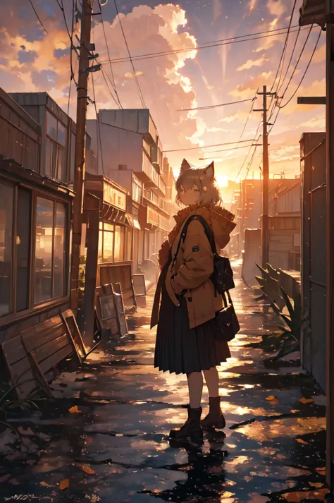 1. **character**:
   - the character is standing with her back to the viewer, facing the sunset.
   - she has cat ears, which ma...