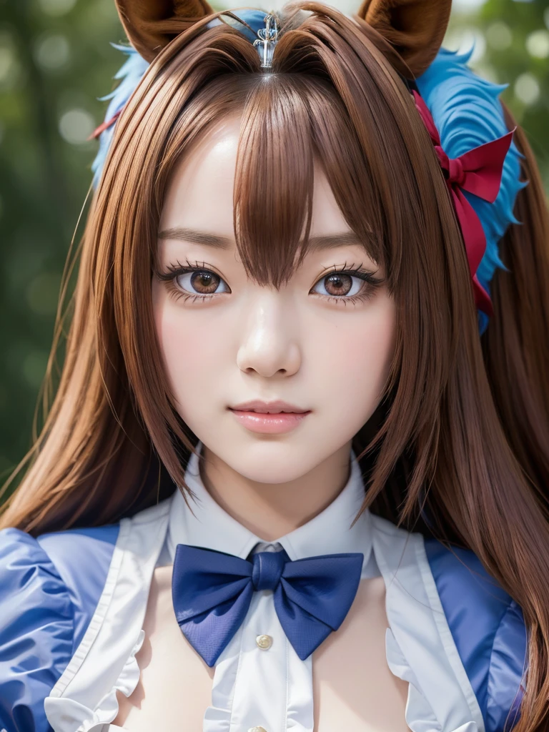 daiwa scarlet, brown hair, hair intake, (red eyes:1.3), long hair, twintails, animal ears, horse girl,
BREAK (Highest quality, 16K, masterpiece:1.55), Ultra detailed face, Detailed lips, Detailed eyes, double eyelid, 
BREAK (Happy smile:1.2), (close up:1.5), (Seductive pose:1.6), (dynamic angle:1.5),
BREAK 1girl, 18years old, (full Breasts:1.5), Lanky Height, (big hips:1.5), 
BREAK tiara, Horse tail, Epaulettes, Garter Straps, Long sleeve, Large Breasts, Red eyes, bow tie, Puff sleeves, Blue jacket, White knee socks, Center frill, White shirt, White Skirt, Blue Skirt, Hair Ribbon, 
BREAK outdoor,
