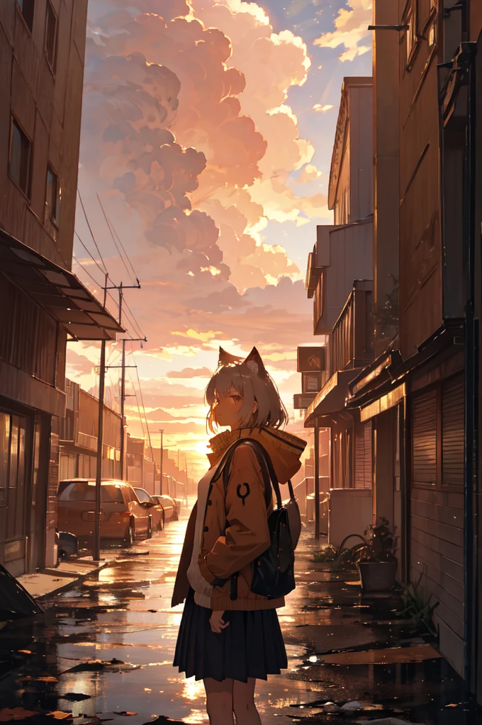 1. **Character**:
   - The character is standing with her back to the viewer, facing the sunset.
   - She has cat ears, which may suggest she is either a fantasy character or wearing some kind of accessory.
   - Her outfit consists of a light brown jacket with dark trim, likely a , and a pleated gray skirt.
   - She has a shoulder bag or satchel slung over her right shoulder.

2. **Environment**:
   - The setting is an urban area, appearing to be in a state of decay or abandonment.
   - Buildings are visible in the background, many of which have visible signs of wear, damage, and overgrowth.
   - The foreground has broken or uneven terrain, possibly remnants of collapsed structures or streets.

3. **Lighting and Atmosphere**:
   - The scene is bathed in warm, golden light from the setting sun.
   - The sun is low on the horizon, casting long shadows and creating a dramatic, melancholic atmosphere.
   - The sky is partly cloudy with scattered clouds lit up by the sunset, enhancing the warm tones.

4. **Details**:
   - There are some leaves or small debris being carried by the wind, adding a sense of movement and life to the otherwise still scene.
   - Vegetation is visible, with some plants growing through the cracks in the broken urban landscape.
   - The overall atmosphere is a mix of serene and somber, with the character standing still, perhaps contemplating the scene before her.

5. **Overall Composition**:
   - The composition directs the viewer's eye towards the horizon where the sun is setting.
   - The character's placement in the foreground adds a personal element to the vast, desolate urban landscape.
   - The contrast between the warm light of the sunset and the cool, muted colors of the ruined city creates a striking visual impact.

The image evokes a strong emotional response, blending themes of decay and hope, solitude and contemplation, suggesting a story or journey behind the character and the scene.