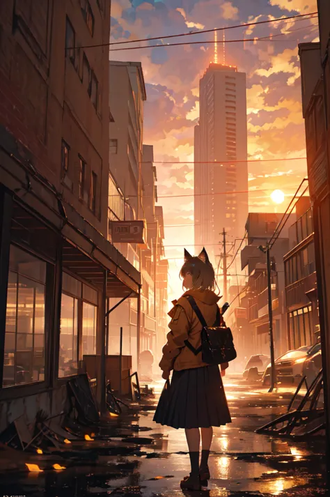 1. **character**:
   - the character is standing with her back to the viewer, facing the sunset.
   - she has cat ears, which ma...