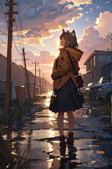 1. **character**:
   - the character is standing with her back to the viewer, facing the sunset.
   - she has cat ears, which ma...