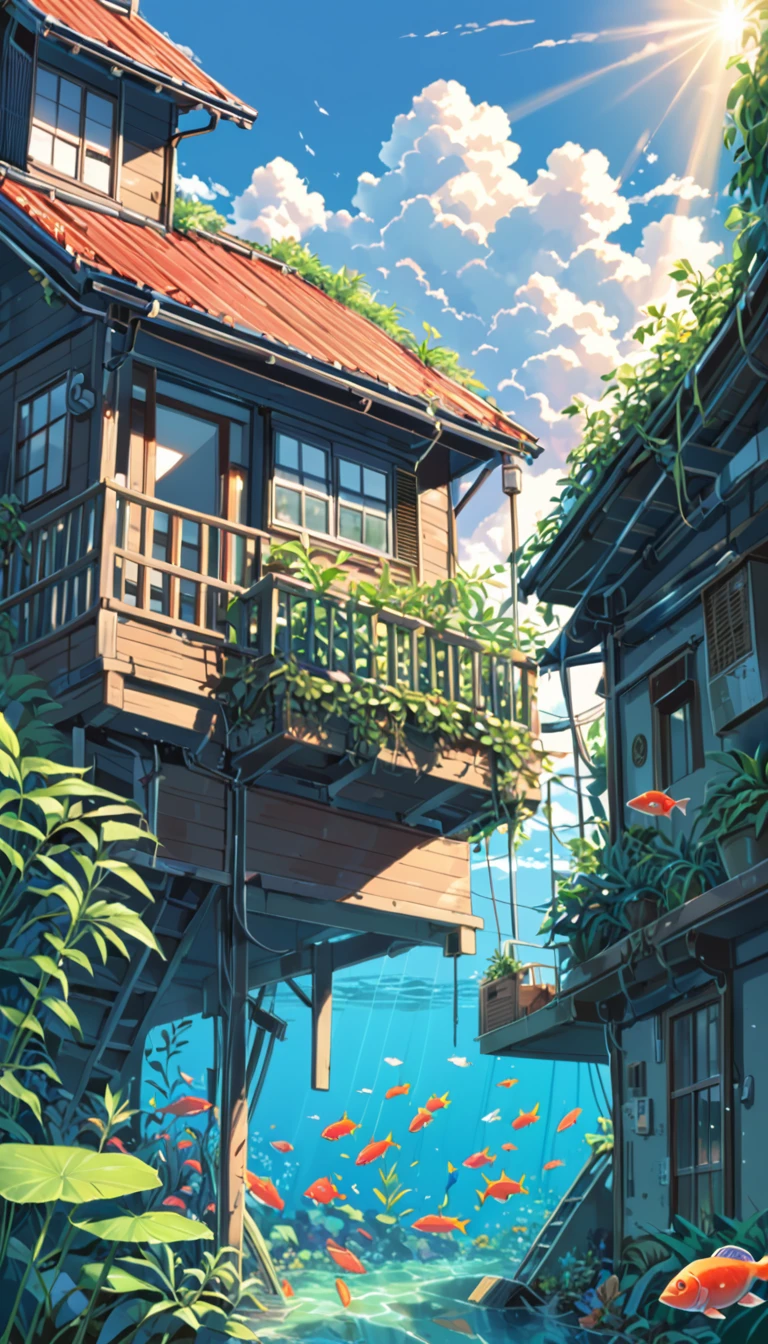 ((anime:1.4,illustration)),(masterpiece, top quality, best quality),(ultra-detailed, absolutely resolution),((16k, high res)). BREAK {lofi art, style of Laurie Greasley, style of Makoto Shinkai, anime aesthetic}, BREAK {A house sunk at the bottom of the sea, a house at the bottom of the sea, red and blue and yellow fish swimming, water plants growing in the house, sunlight reaching the bottom of the water.}