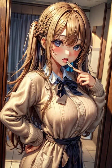 one girl, (((Open your mouth)))、whisper、uniform、Beautiful breasts、 Brown eyes, ((Gal Hairstyles)) blonde, girl, (Eye and facial ...